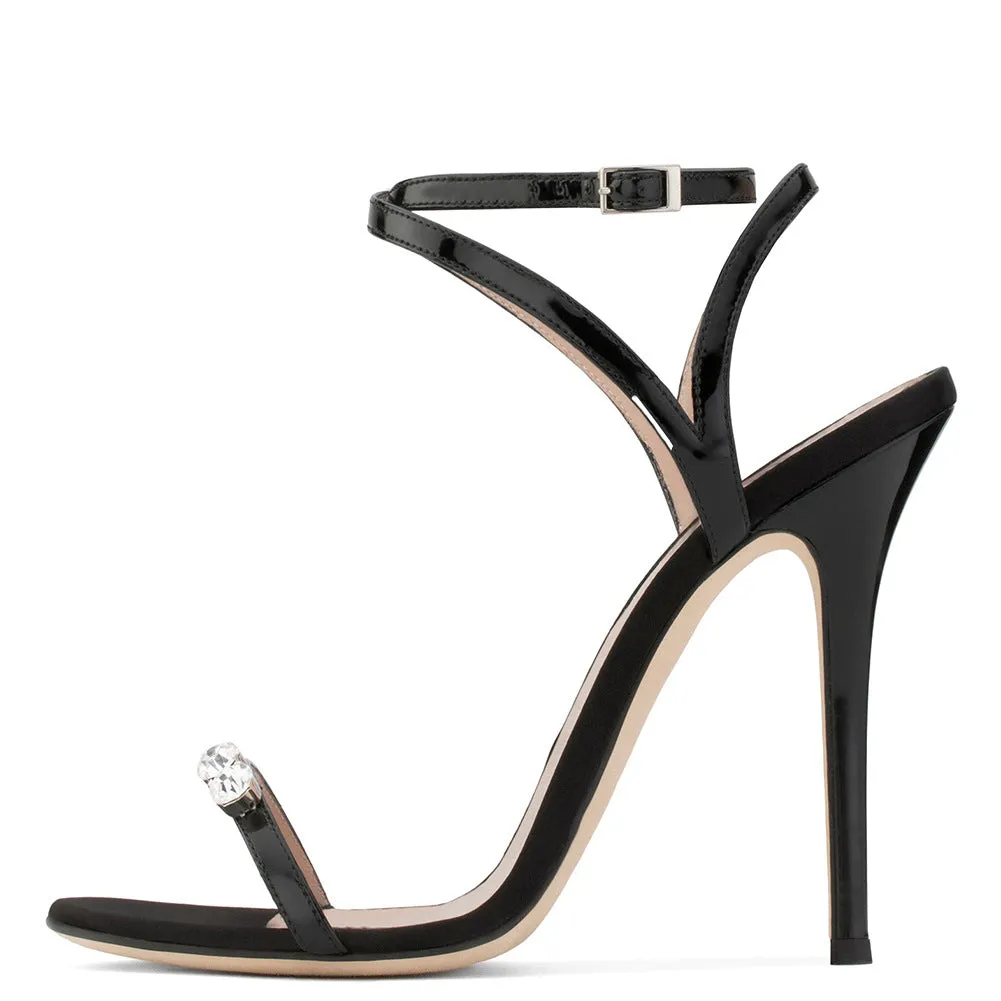 Black herringbone ultra high heel sandals with Rhinestone Party Shoes
