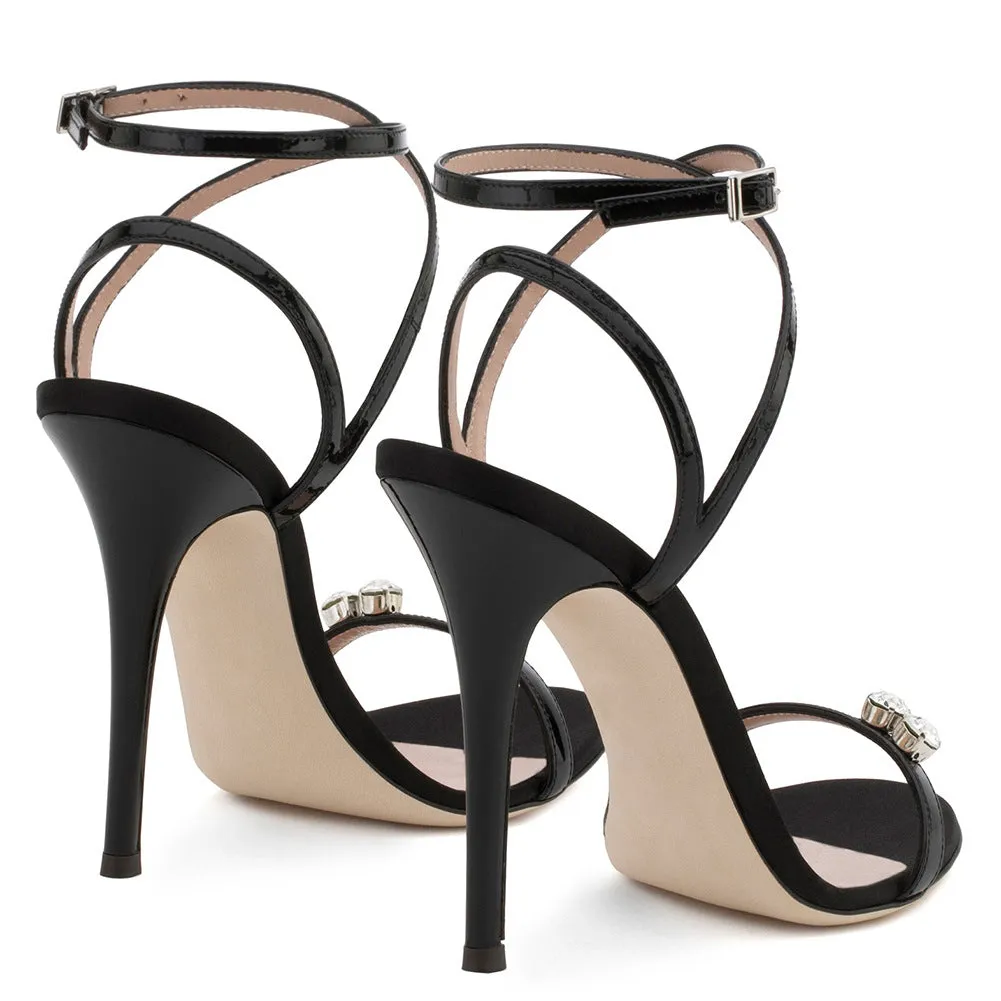 Black herringbone ultra high heel sandals with Rhinestone Party Shoes