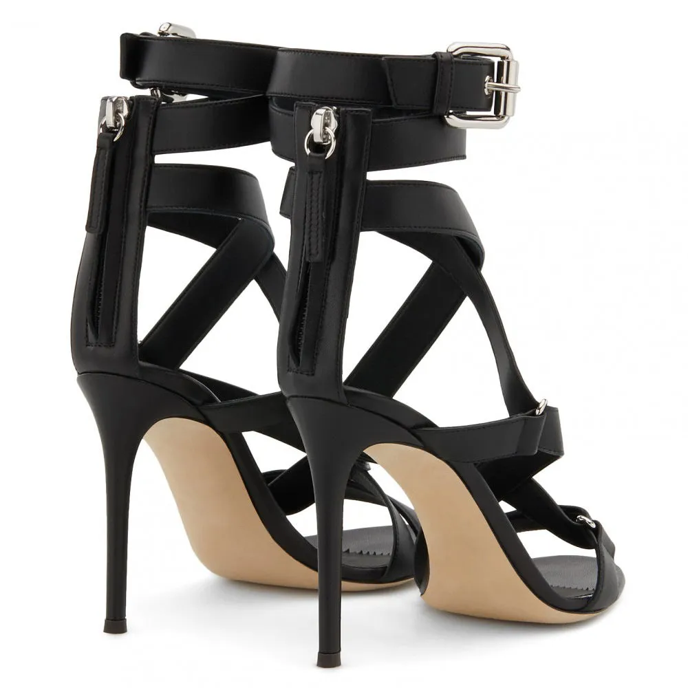 Black PU Buckle Cross Strap Back Zipper Stiletto Sandals