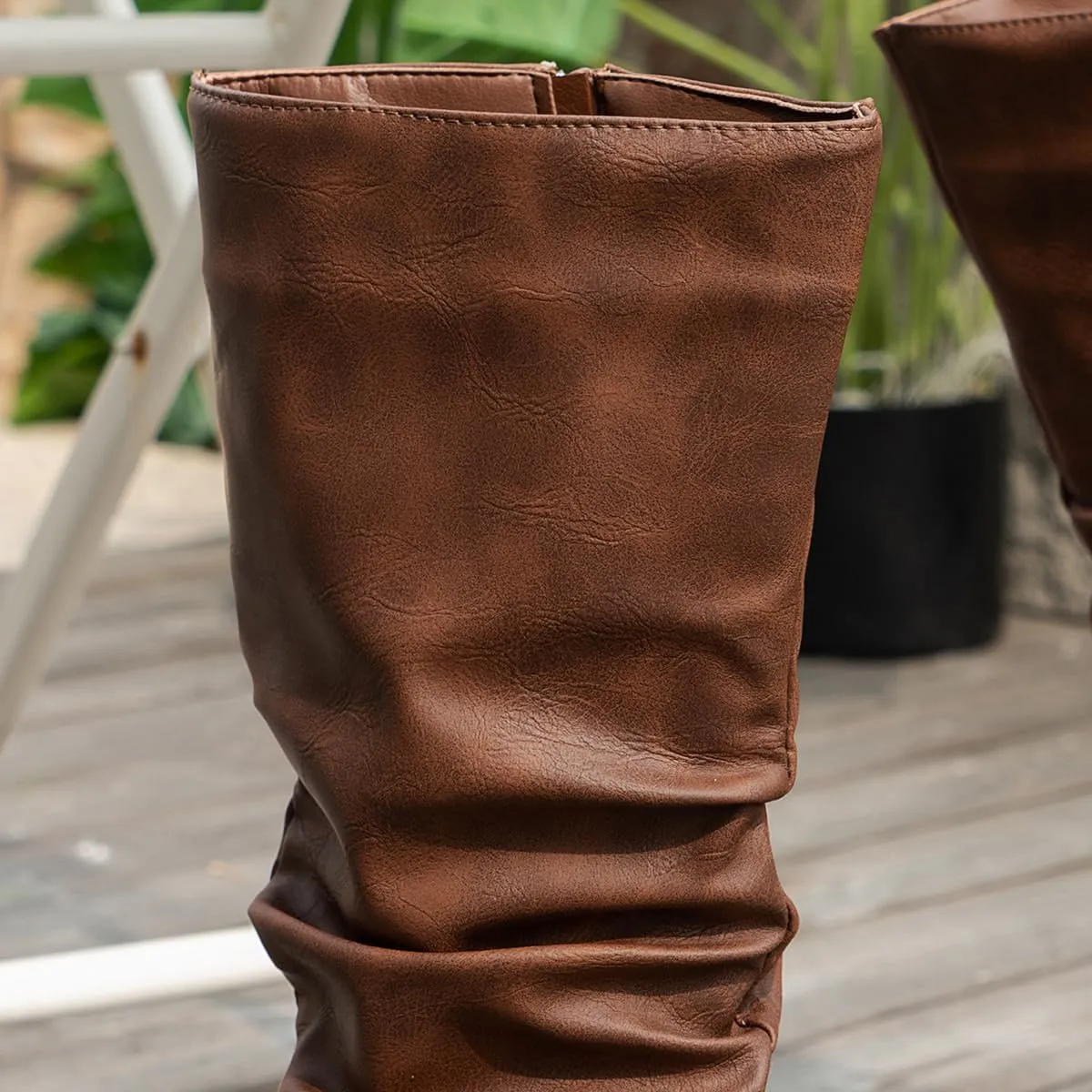 Brown Slouchy Mid Calf Boots for Women - Wide Calf Flat Boots with Metal Lock for Fall