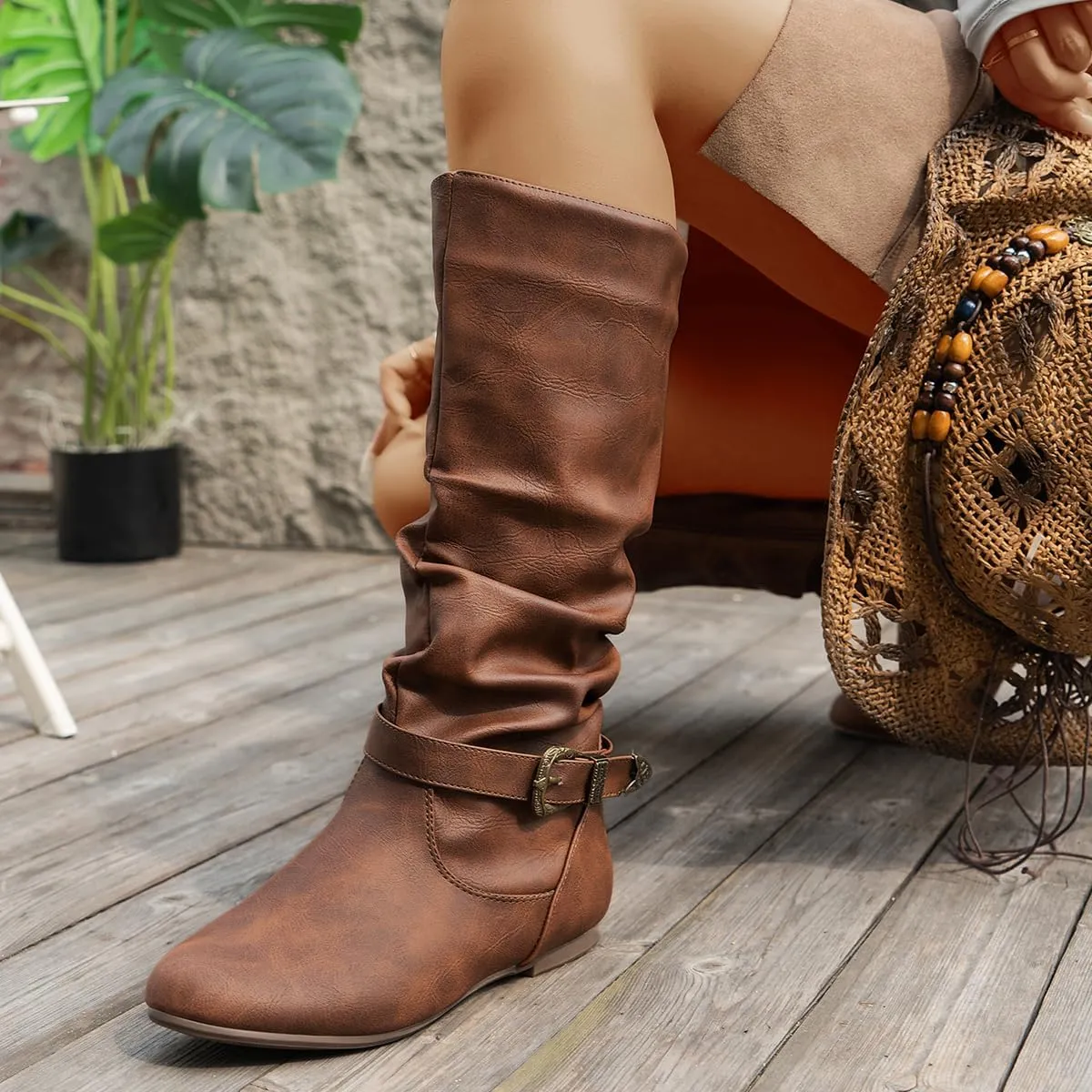 Brown Slouchy Mid Calf Boots for Women - Wide Calf Flat Boots with Metal Lock for Fall