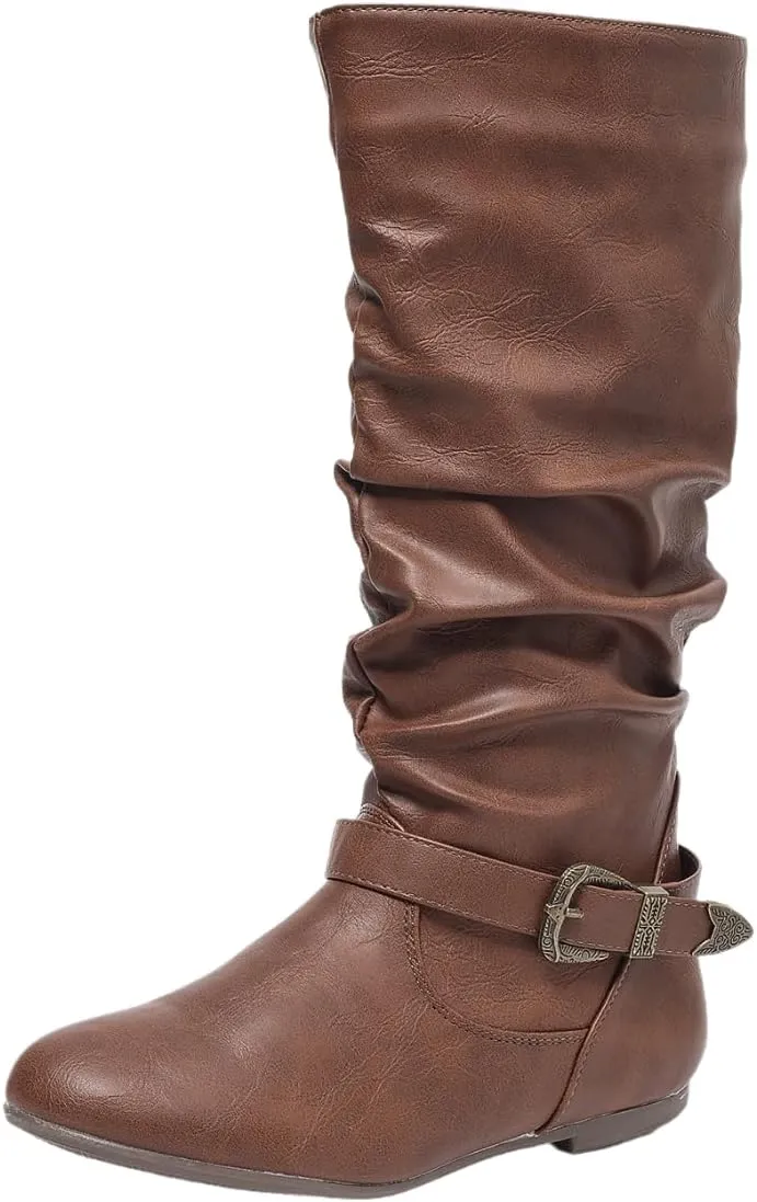 Brown Slouchy Mid Calf Boots for Women - Wide Calf Flat Boots with Metal Lock for Fall