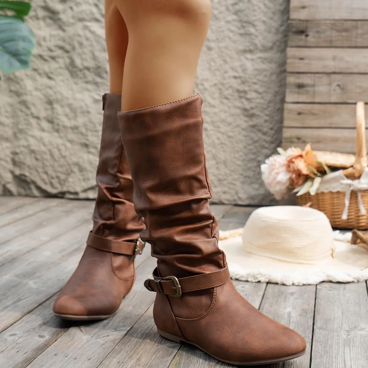Brown Slouchy Mid Calf Boots for Women - Wide Calf Flat Boots with Metal Lock for Fall