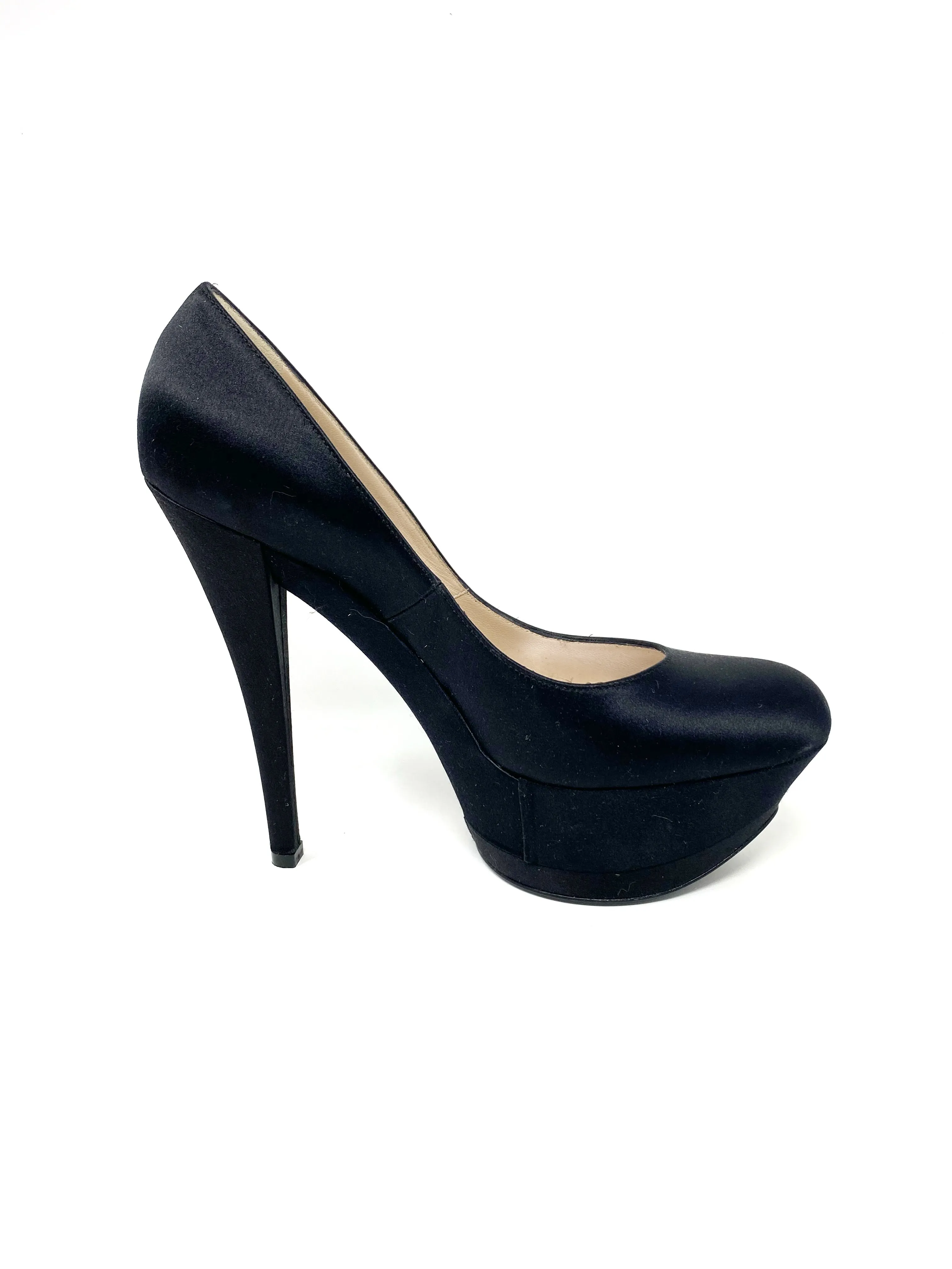 Casadei Black Satin Pump Heels 3504 Triple Platforms 37.5