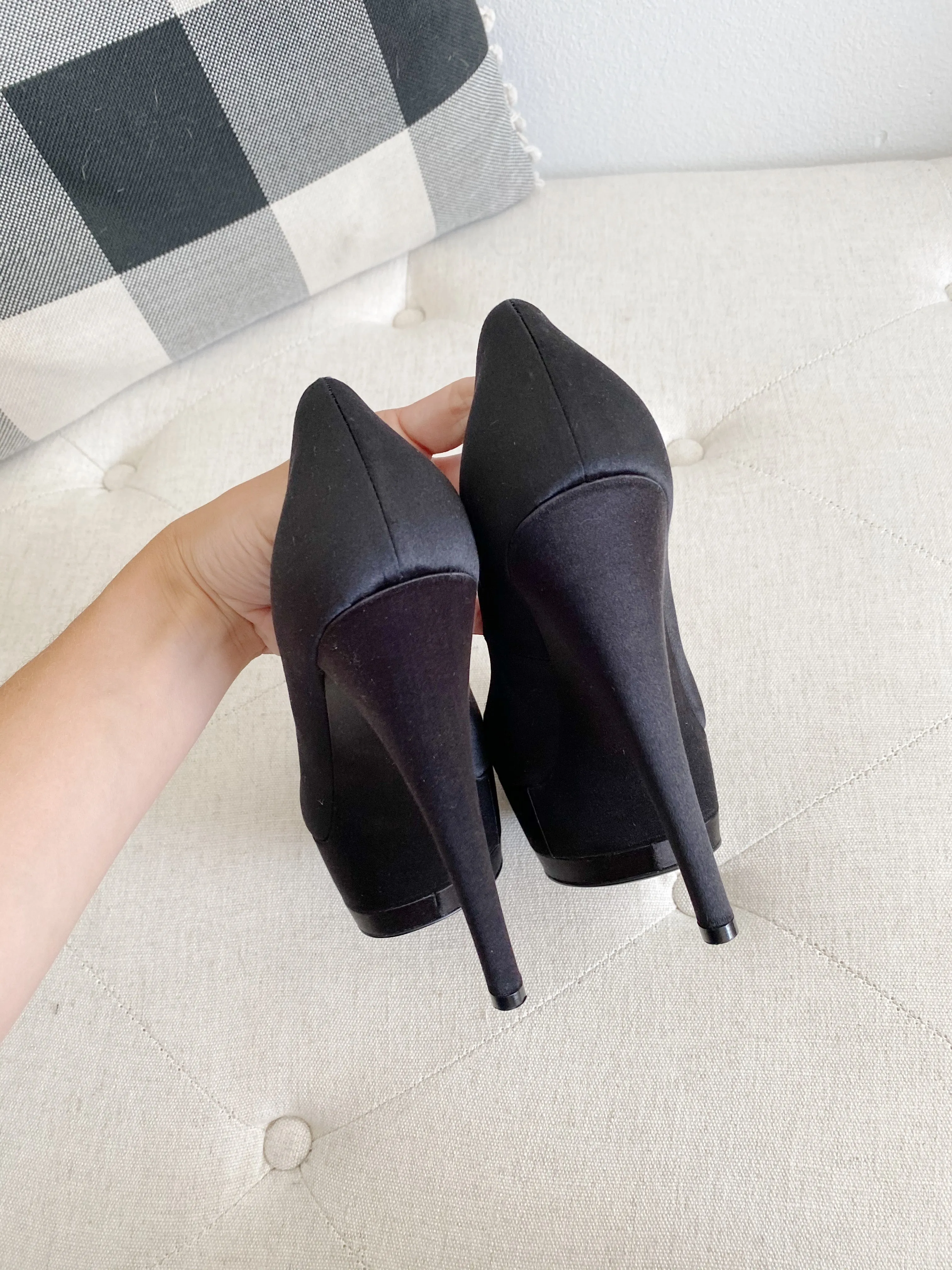 Casadei Black Satin Pump Heels 3504 Triple Platforms 37.5