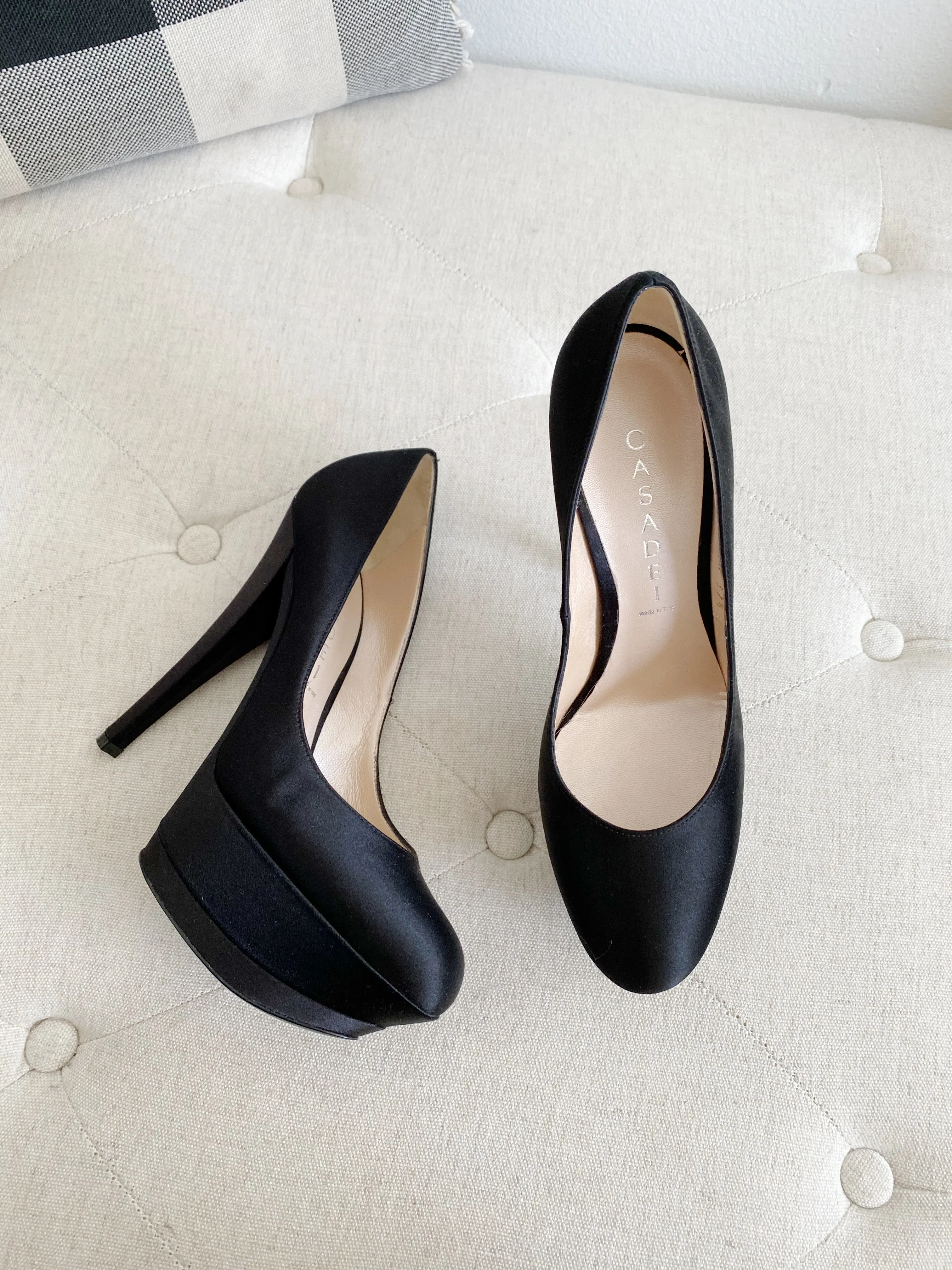 Casadei Black Satin Pump Heels 3504 Triple Platforms 37.5