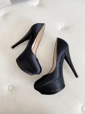 Casadei Black Satin Pump Heels 3504 Triple Platforms 37.5