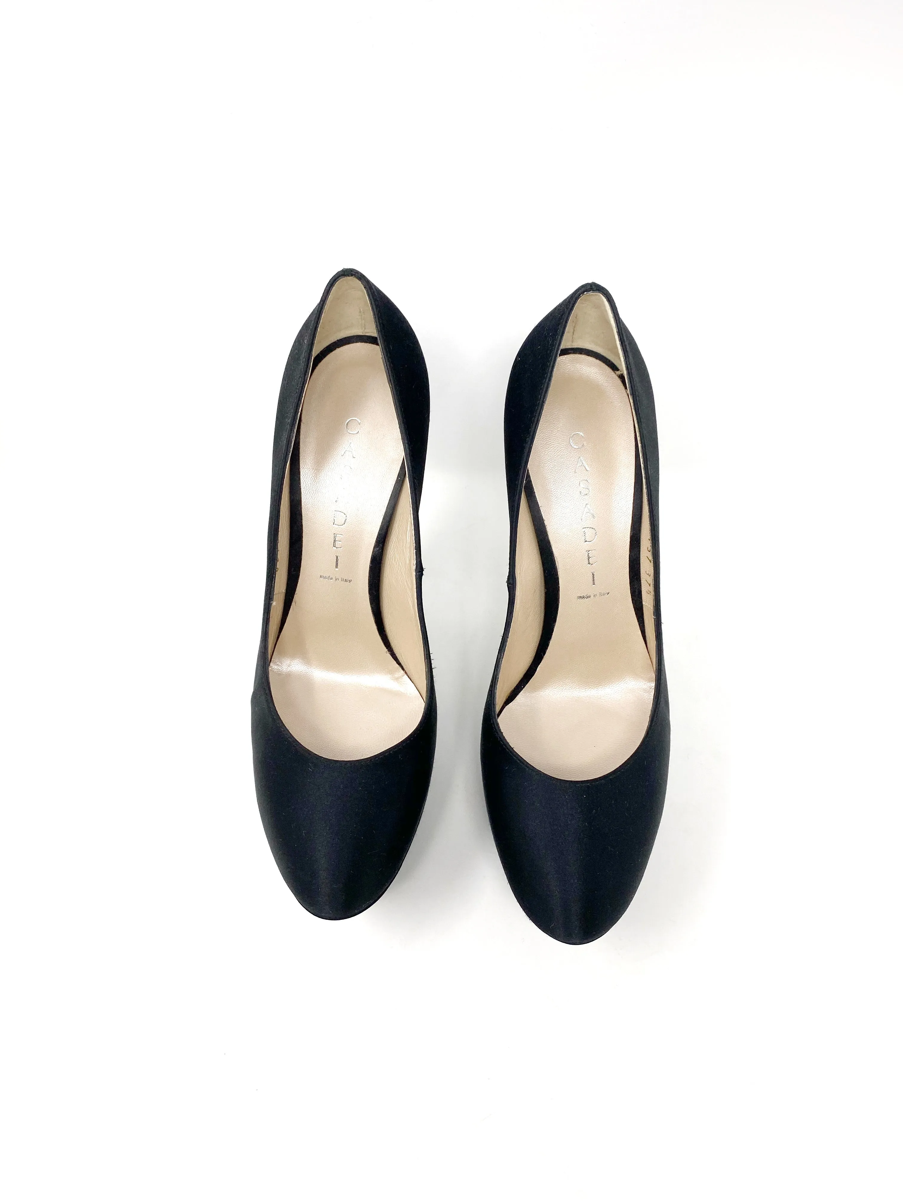 Casadei Black Satin Pump Heels 3504 Triple Platforms 37.5