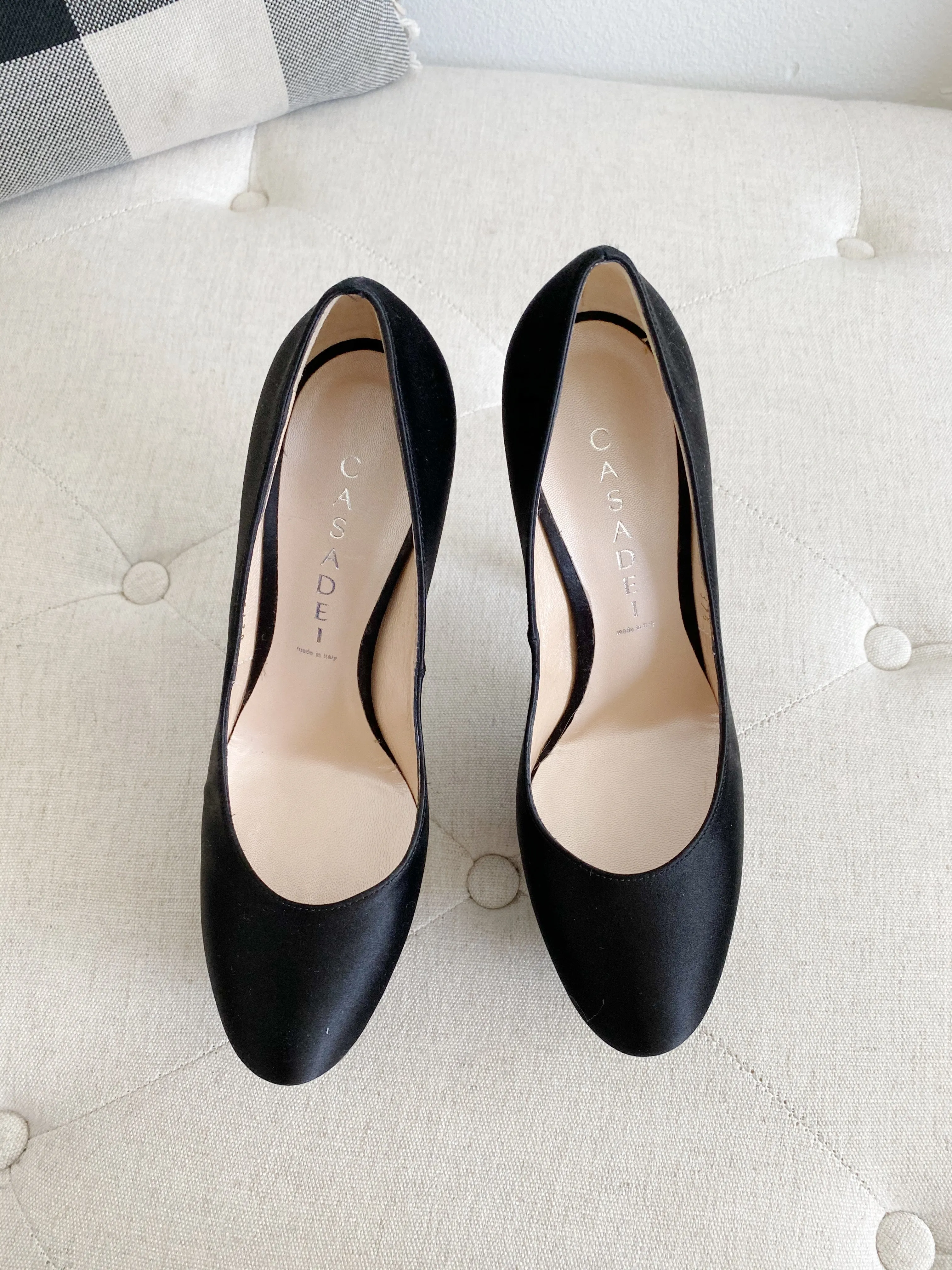 Casadei Black Satin Pump Heels 3504 Triple Platforms 37.5