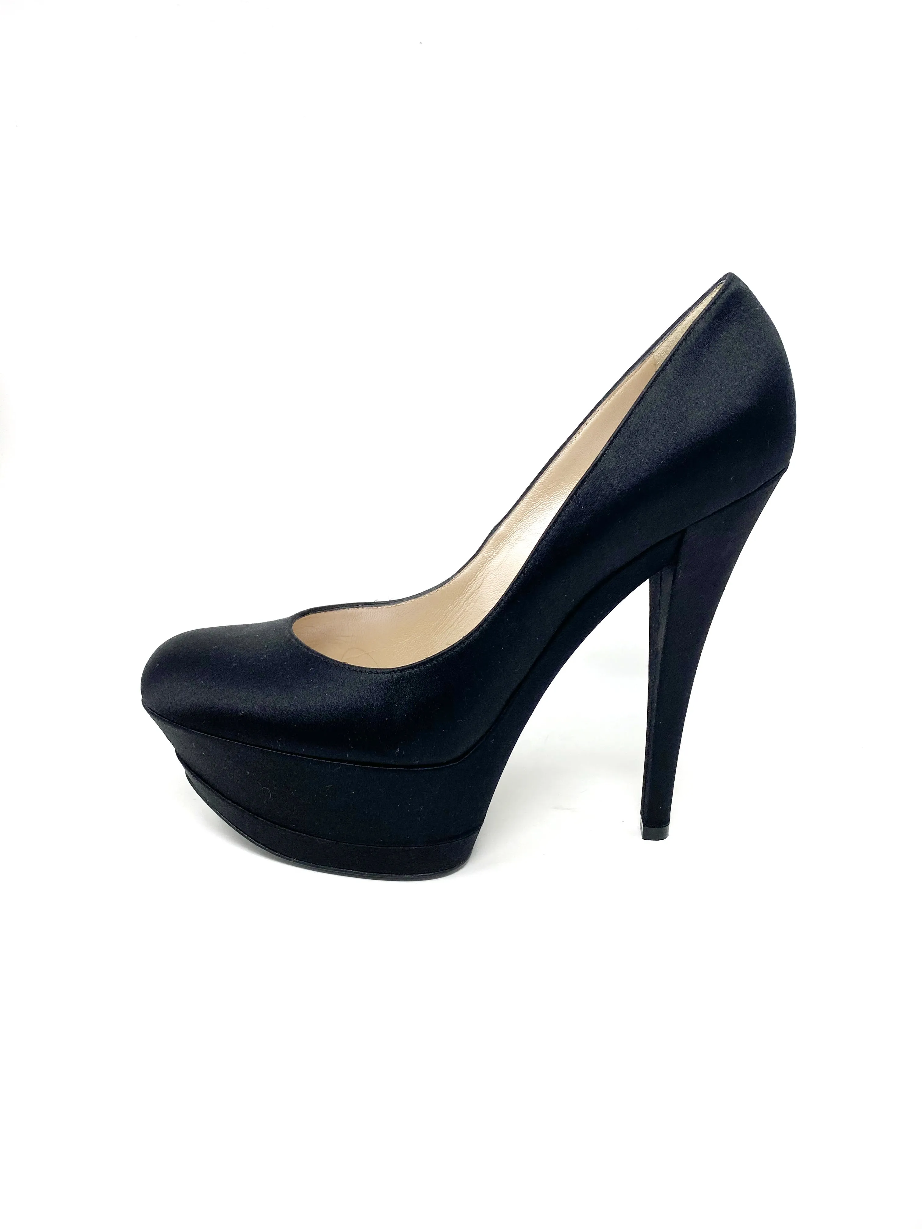 Casadei Black Satin Pump Heels 3504 Triple Platforms 37.5