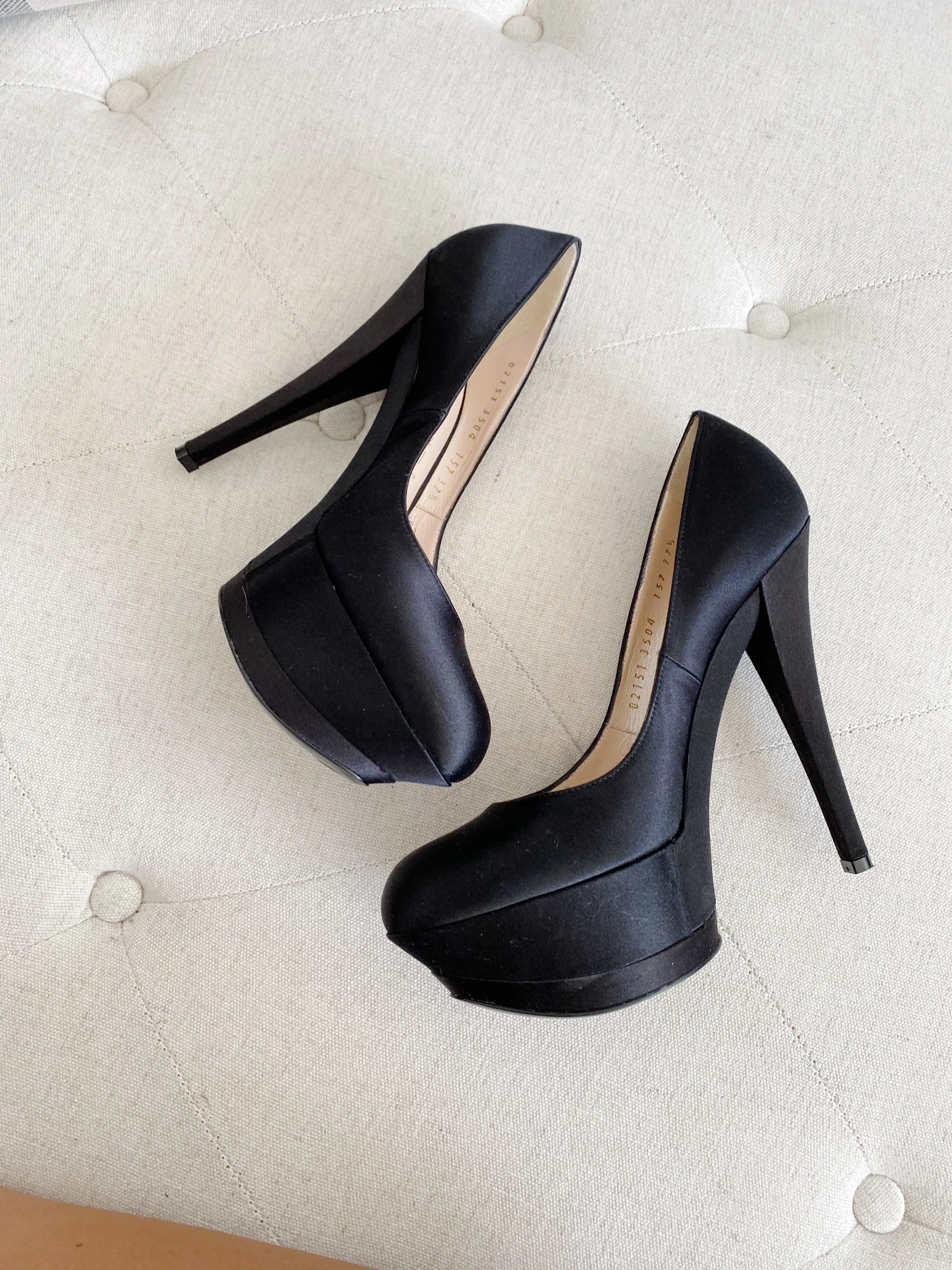 Casadei Black Satin Pump Heels 3504 Triple Platforms 37.5