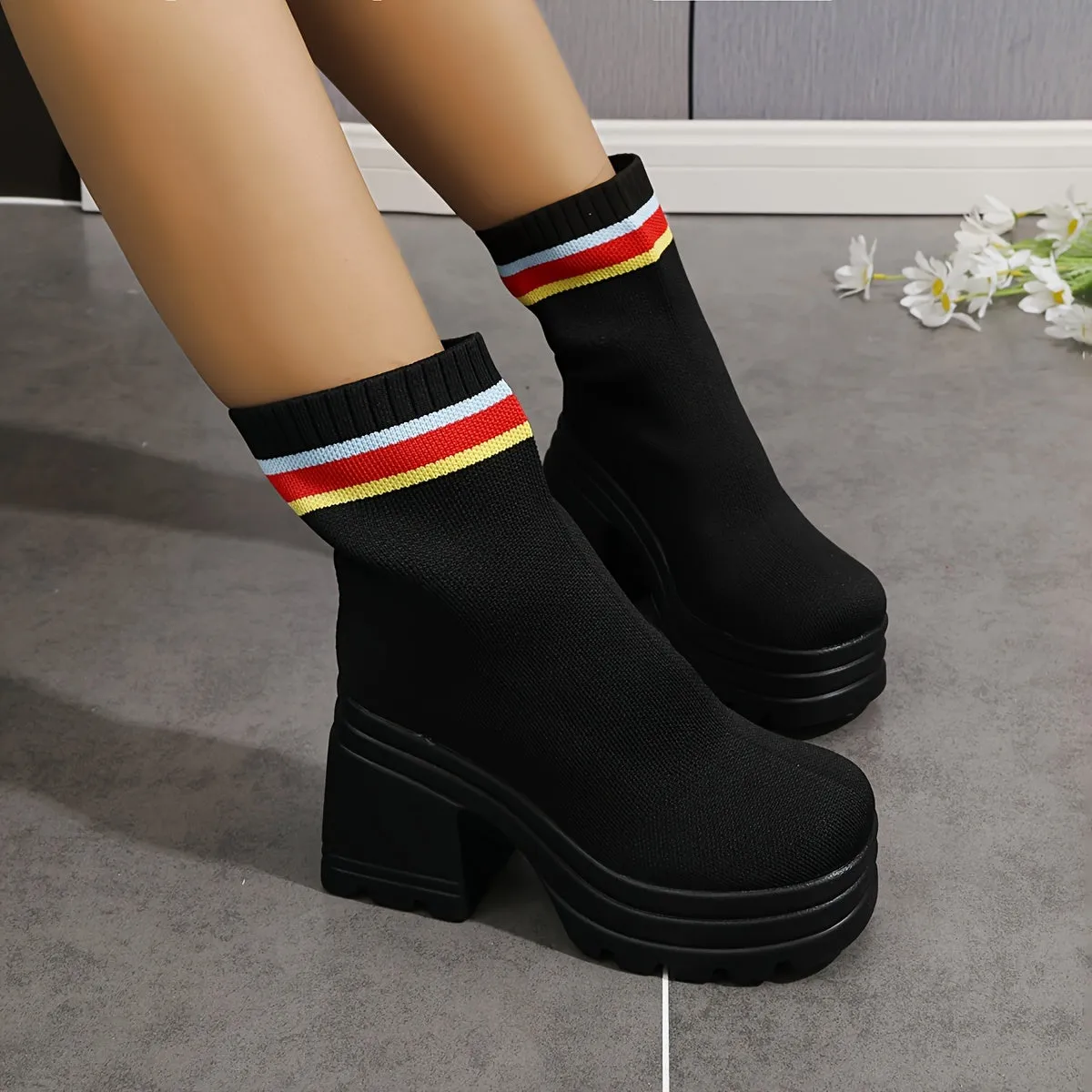 Casual   Chunky Knitted Stretchy Slip On Platform Boots, Heel  Fashion