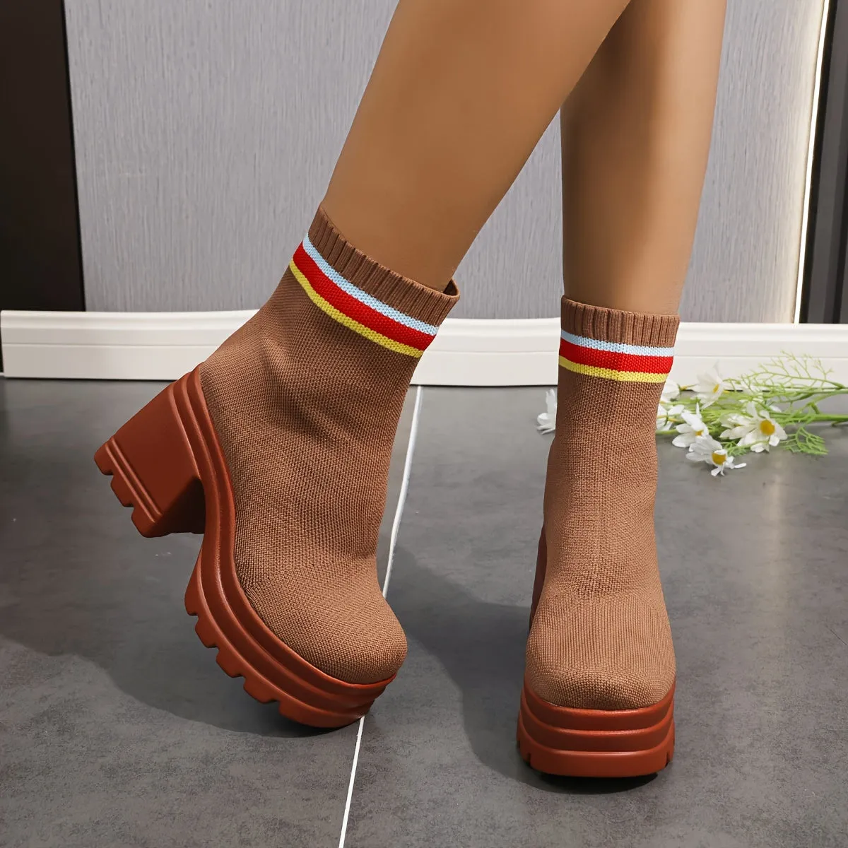 Casual   Chunky Knitted Stretchy Slip On Platform Boots, Heel  Fashion