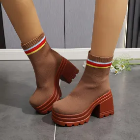 Casual   Chunky Knitted Stretchy Slip On Platform Boots, Heel  Fashion
