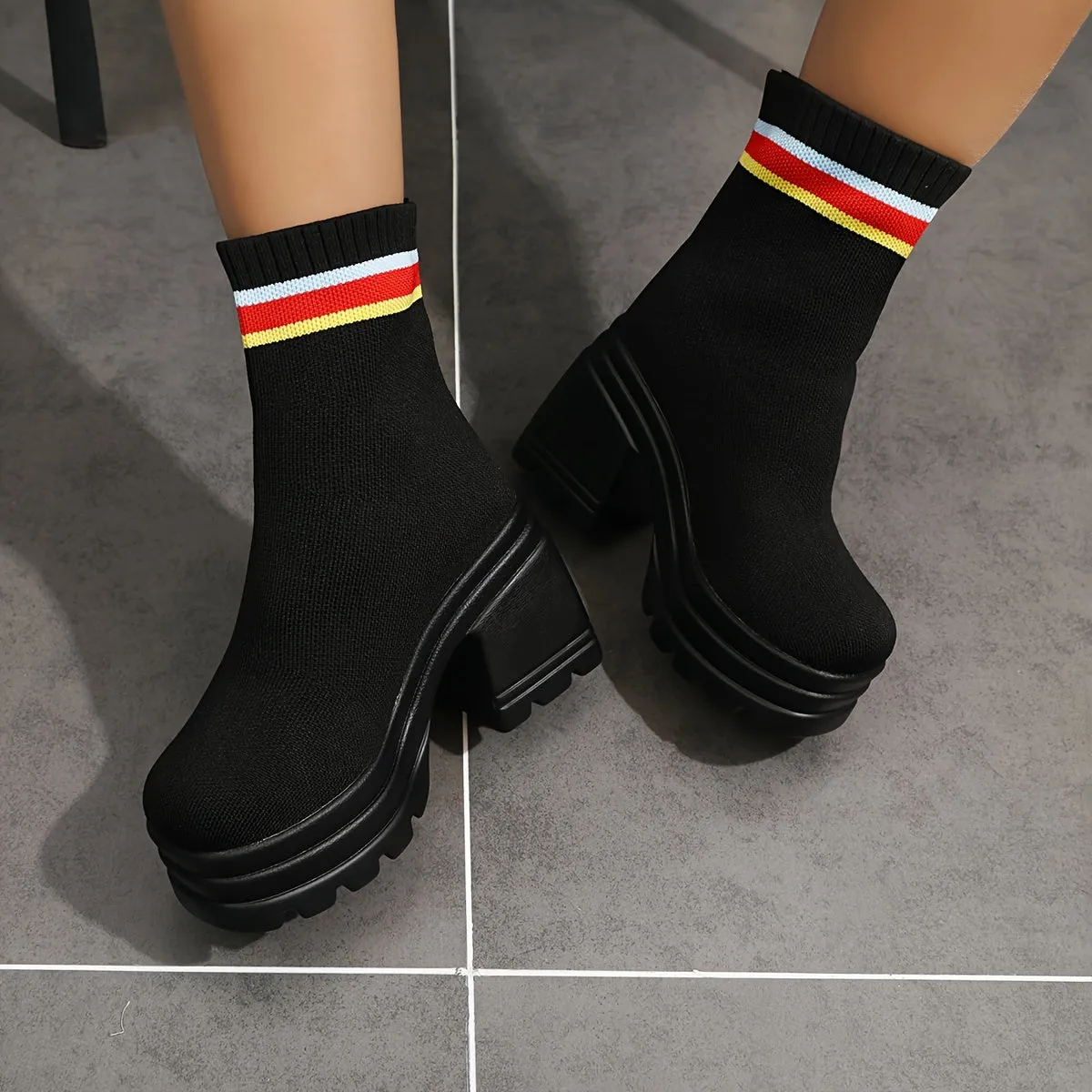 Casual   Chunky Knitted Stretchy Slip On Platform Boots, Heel  Fashion