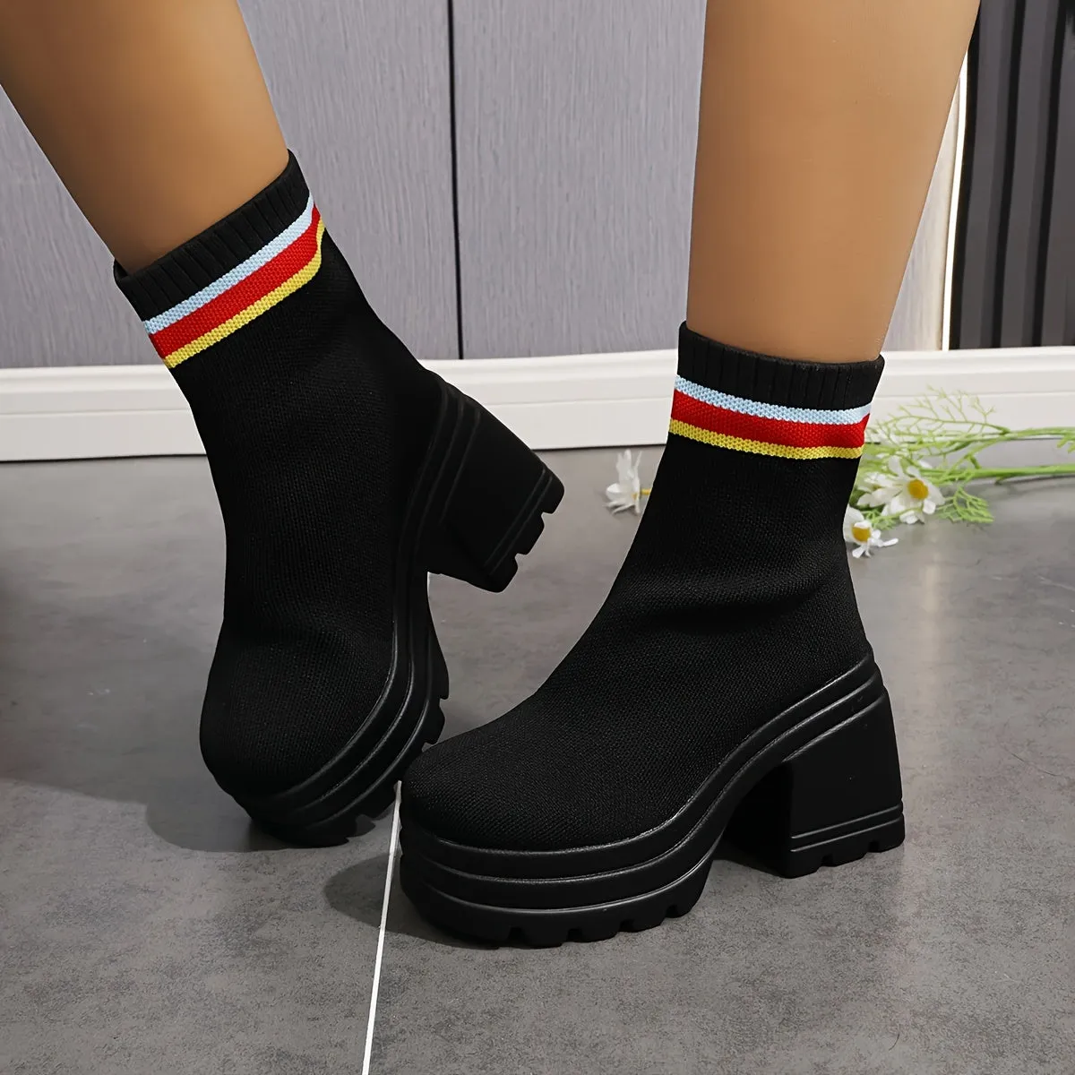 Casual   Chunky Knitted Stretchy Slip On Platform Boots, Heel  Fashion