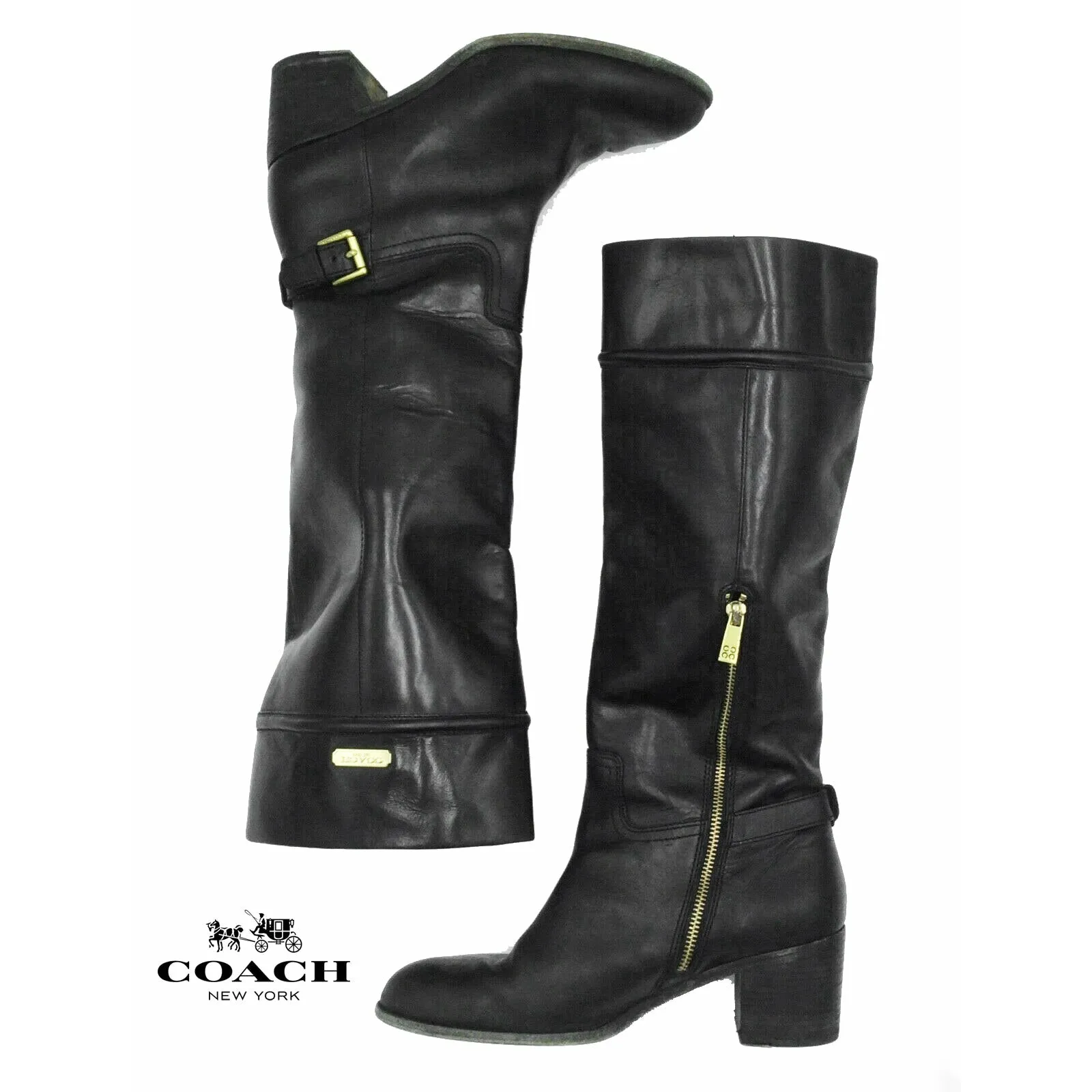 COACH Stacy Black Riding Equestrian Leather Fashion Knee High Boots 8.5 B