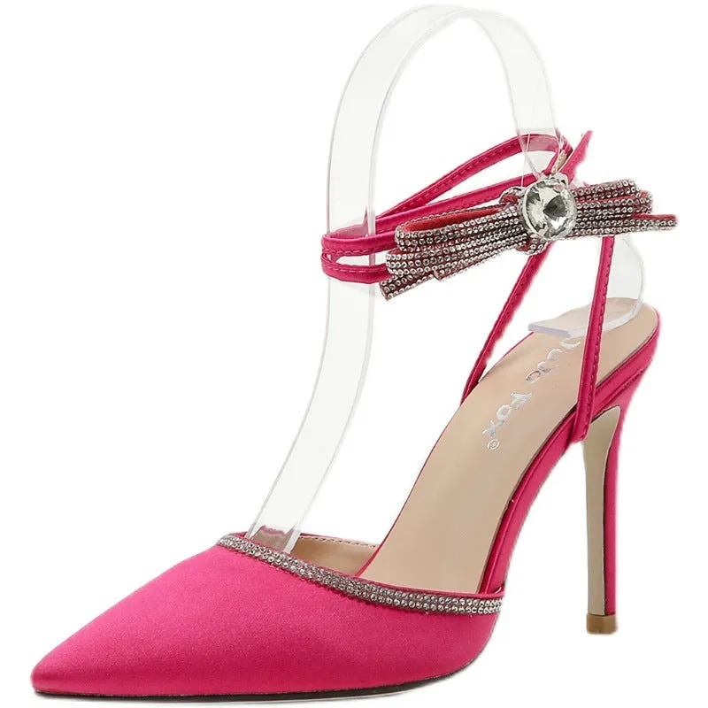Diamond bow high heel wedding shoes