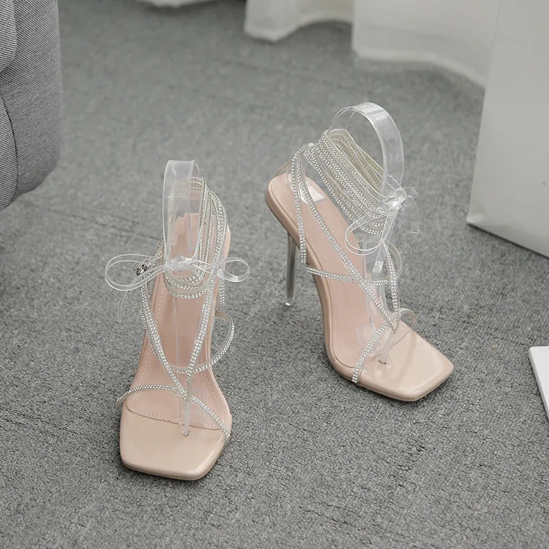 Diamond Cross strap square toe High Heel Sandals