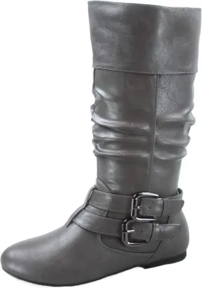 Forever Sonny-54 Women's Stylish Round Toe Buckle Zipper Slouchy Mid-Calf Riding Boots Shoes
