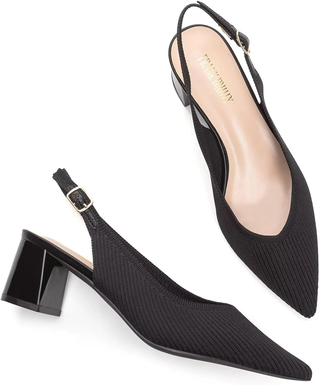 Frank Mully Women's Slingback Heels Pointed Toe Work Pumps Comfortable Chunky Pumps Knitted Closed Toe Stylish Dressy Shoes