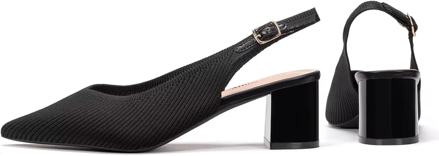 Frank Mully Women's Slingback Heels Pointed Toe Work Pumps Comfortable Chunky Pumps Knitted Closed Toe Stylish Dressy Shoes