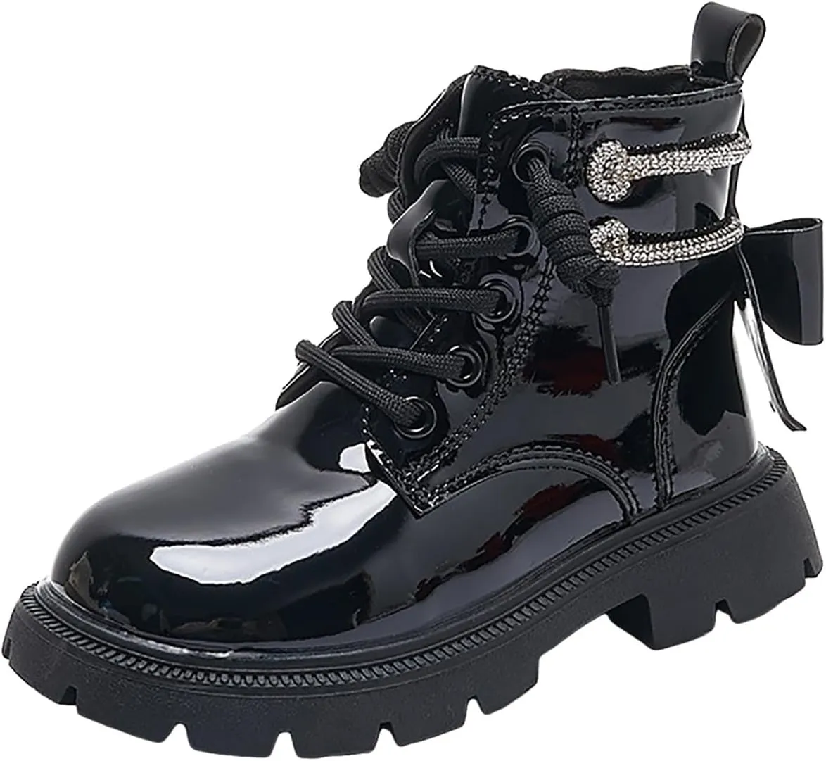 Kids Girls Glitter Ankle Boots Side Zipper Fashion Combat Boots Lace Up Soft Soled Riding Boots Fall Winter Trendy Boots