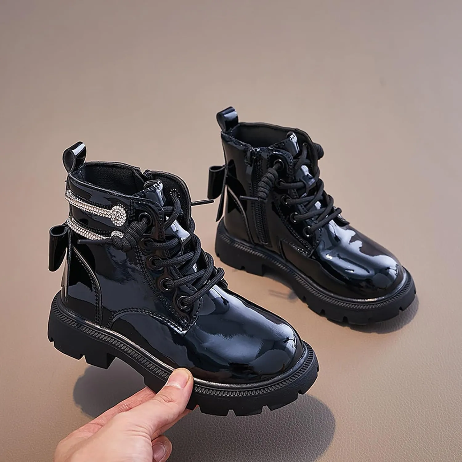 Kids Girls Glitter Ankle Boots Side Zipper Fashion Combat Boots Lace Up Soft Soled Riding Boots Fall Winter Trendy Boots