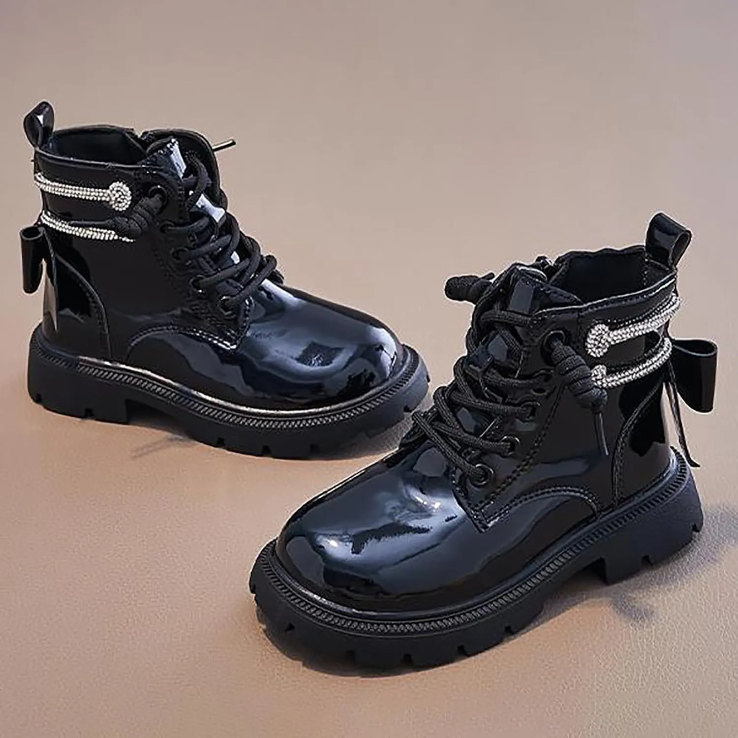 Kids Girls Glitter Ankle Boots Side Zipper Fashion Combat Boots Lace Up Soft Soled Riding Boots Fall Winter Trendy Boots