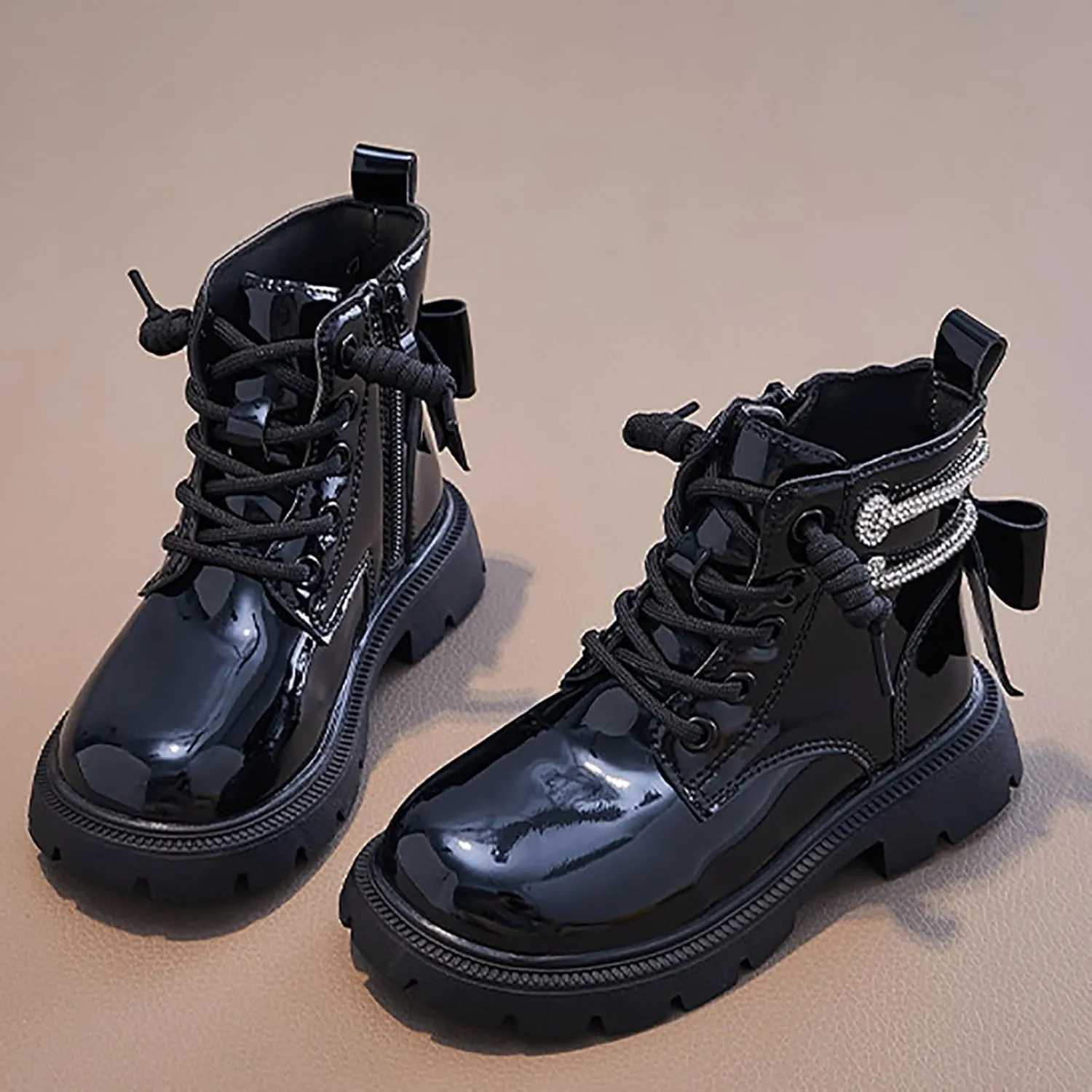 Kids Girls Glitter Ankle Boots Side Zipper Fashion Combat Boots Lace Up Soft Soled Riding Boots Fall Winter Trendy Boots