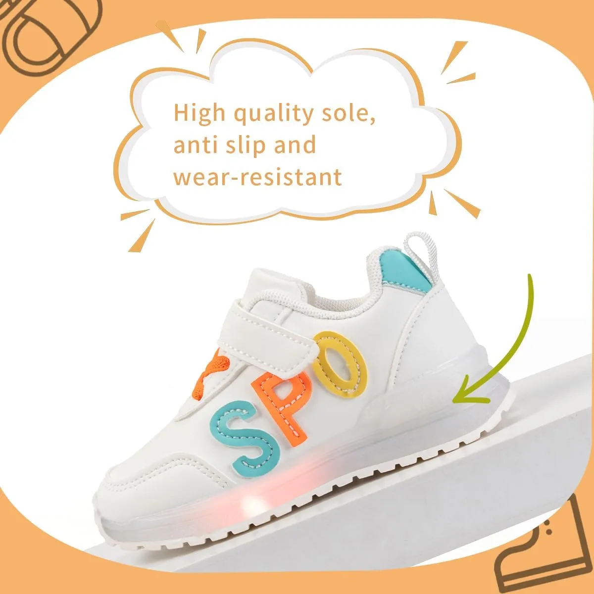 Kids Light Up Sneakers, White Sport Shoes with LED Soles, Hook and Loop Closure