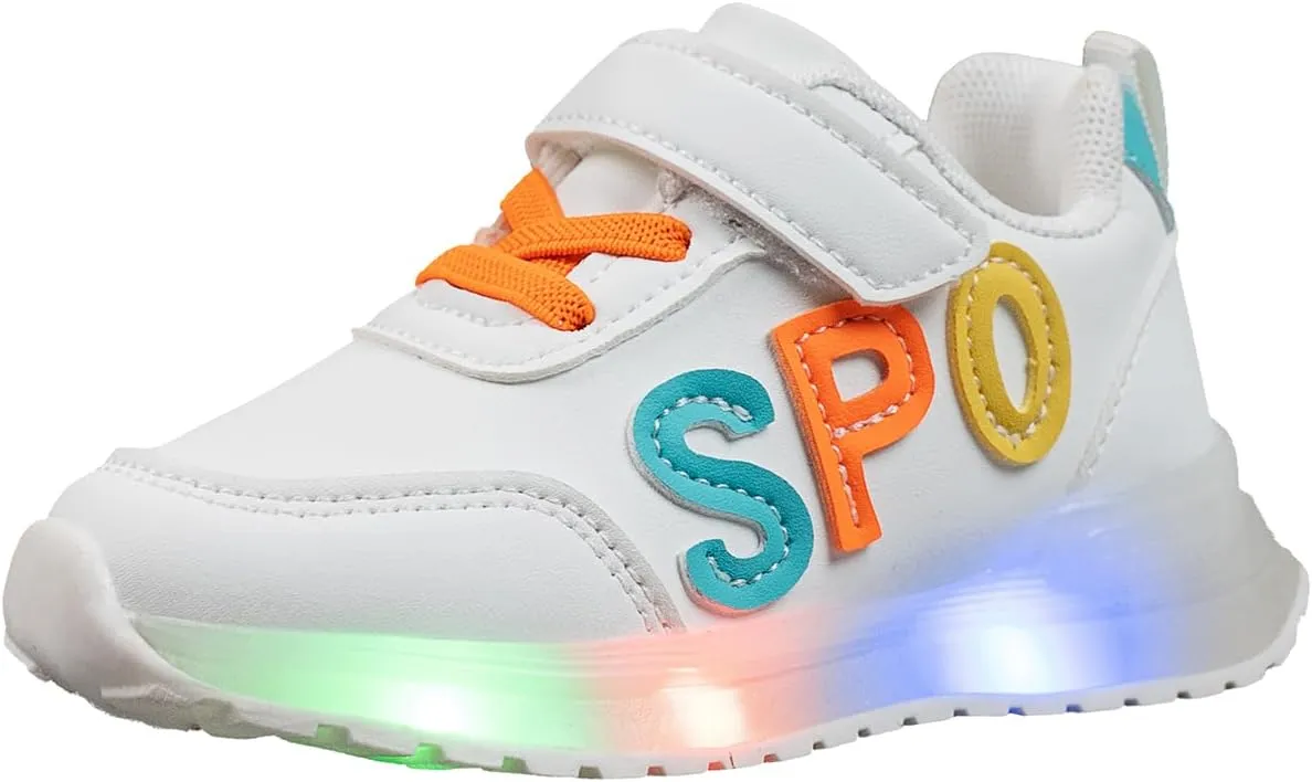 Kids Light Up Sneakers, White Sport Shoes with LED Soles, Hook and Loop Closure