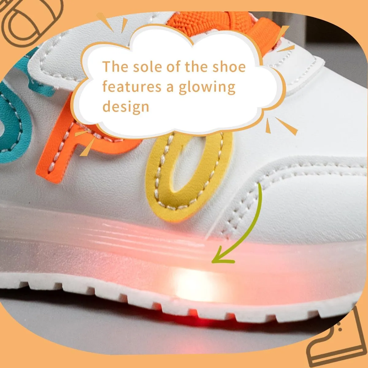 Kids Light Up Sneakers, White Sport Shoes with LED Soles, Hook and Loop Closure
