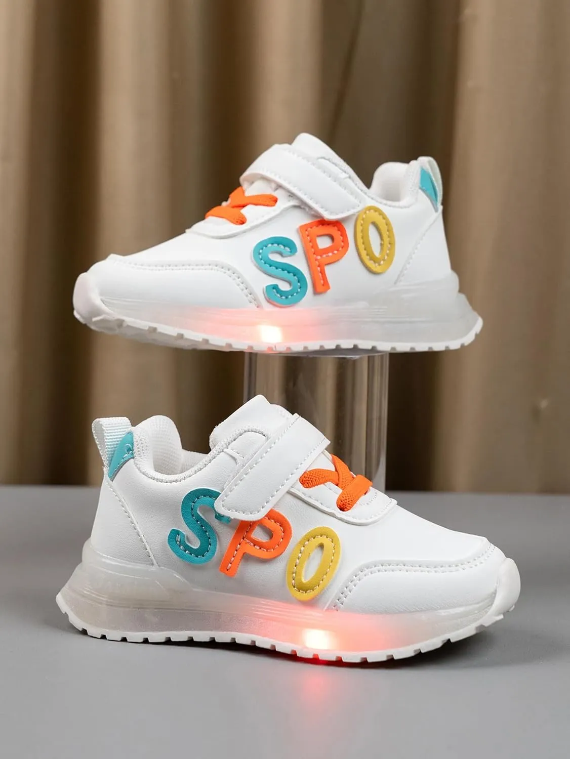 Kids Light Up Sneakers, White Sport Shoes with LED Soles, Hook and Loop Closure