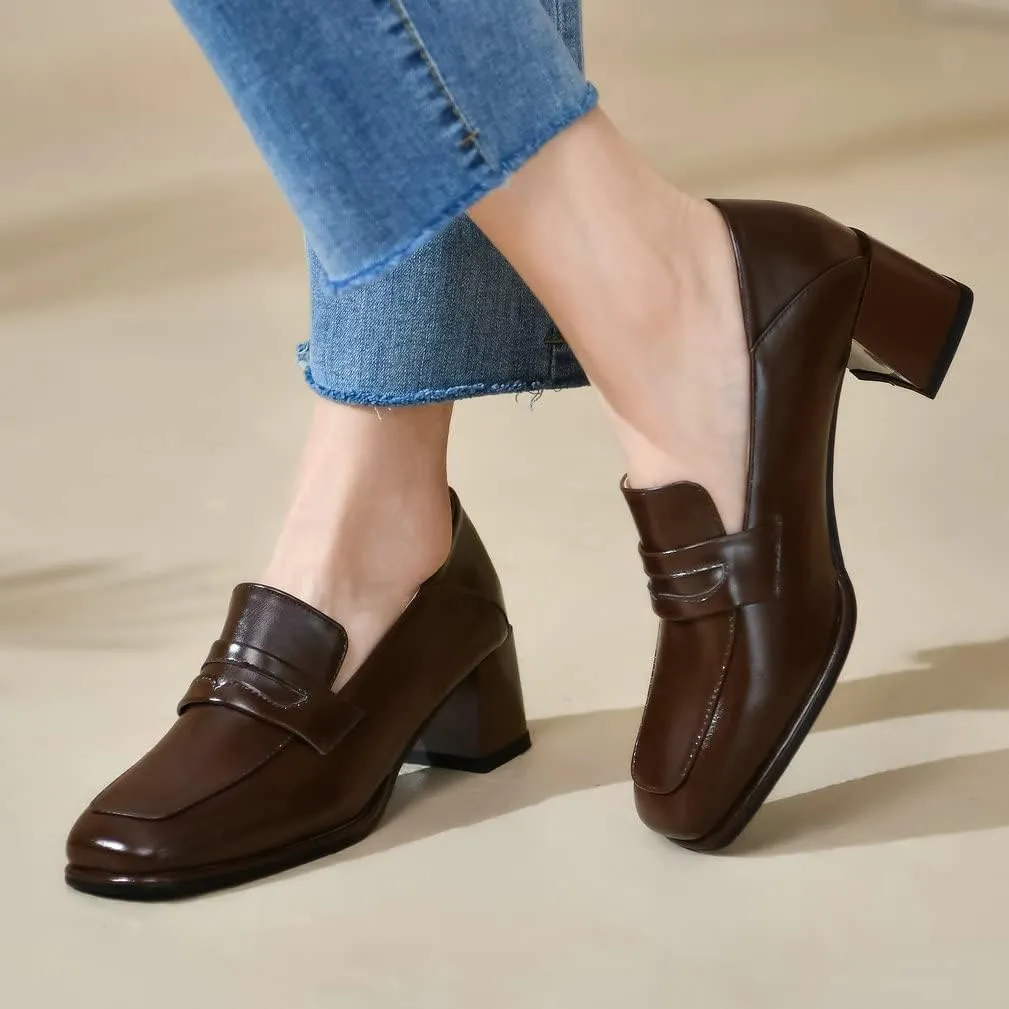KISSASA Womens Chunky Heeled Loafers Square Toe Block Heel Pumps Slip On Business Shoes