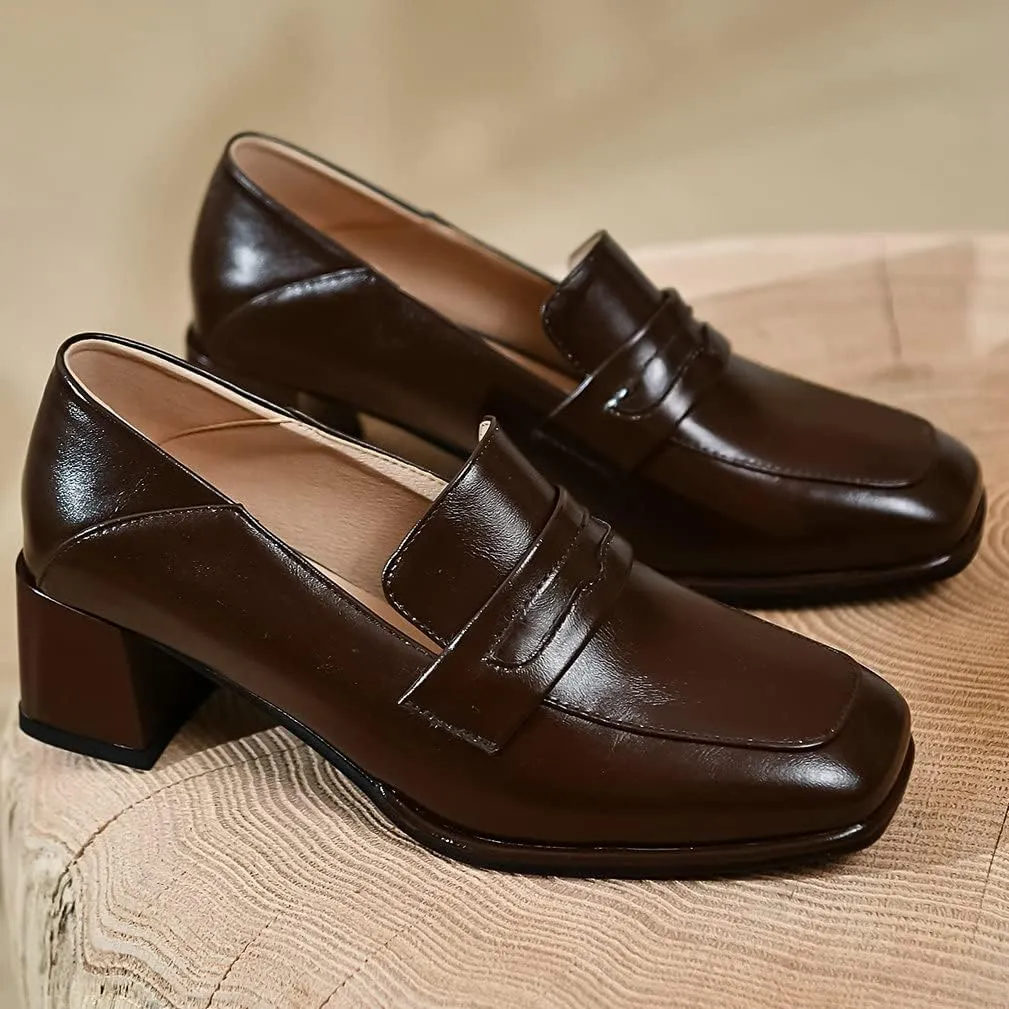 KISSASA Womens Chunky Heeled Loafers Square Toe Block Heel Pumps Slip On Business Shoes