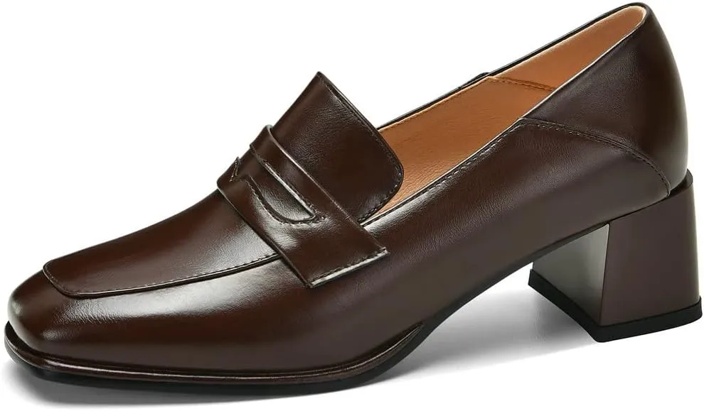 KISSASA Womens Chunky Heeled Loafers Square Toe Block Heel Pumps Slip On Business Shoes