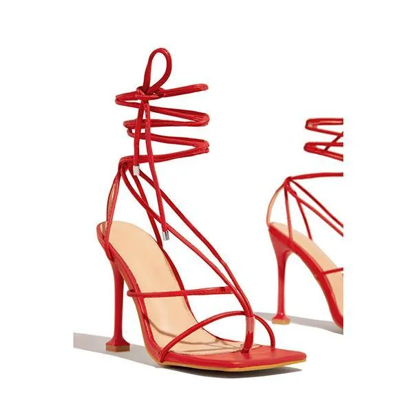 Lace-Up Open Squared Toe Thong Strap Heels