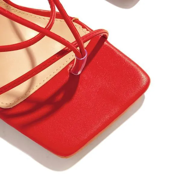 Lace-Up Open Squared Toe Thong Strap Heels