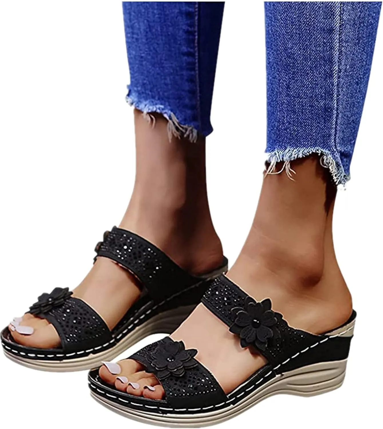 Ladmiple Summer Sandals for Women 2023 Wedge Flower Flip Flops Slides Sandal Breathable Open Toe Comfy Orthopedic Sandal