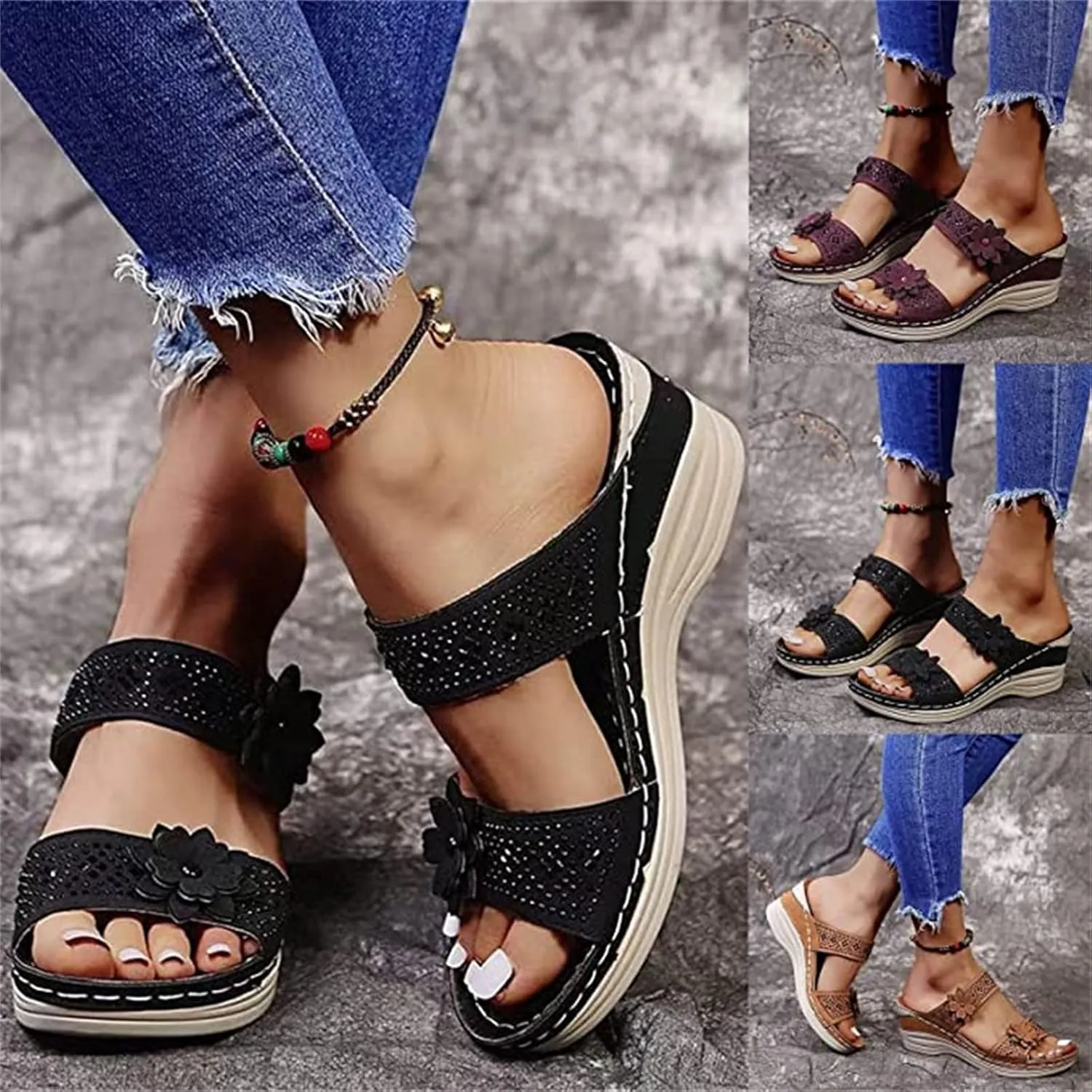 Ladmiple Summer Sandals for Women 2023 Wedge Flower Flip Flops Slides Sandal Breathable Open Toe Comfy Orthopedic Sandal