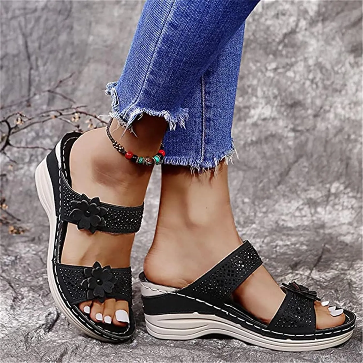 Ladmiple Summer Sandals for Women 2023 Wedge Flower Flip Flops Slides Sandal Breathable Open Toe Comfy Orthopedic Sandal