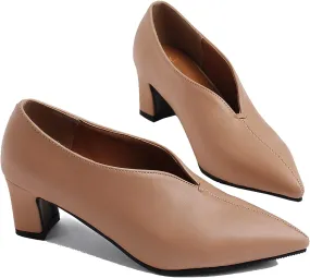 MOOMMO Women Comfortable Chunky Block Heel Pumps Shoes Pointed Toe Slip on Suede Penny Loafers Mid Heel Closed Pointy Toe Work Shoes Office Patchwork Ladies Dressy Fall Fashion Elegant 4-13 M US
