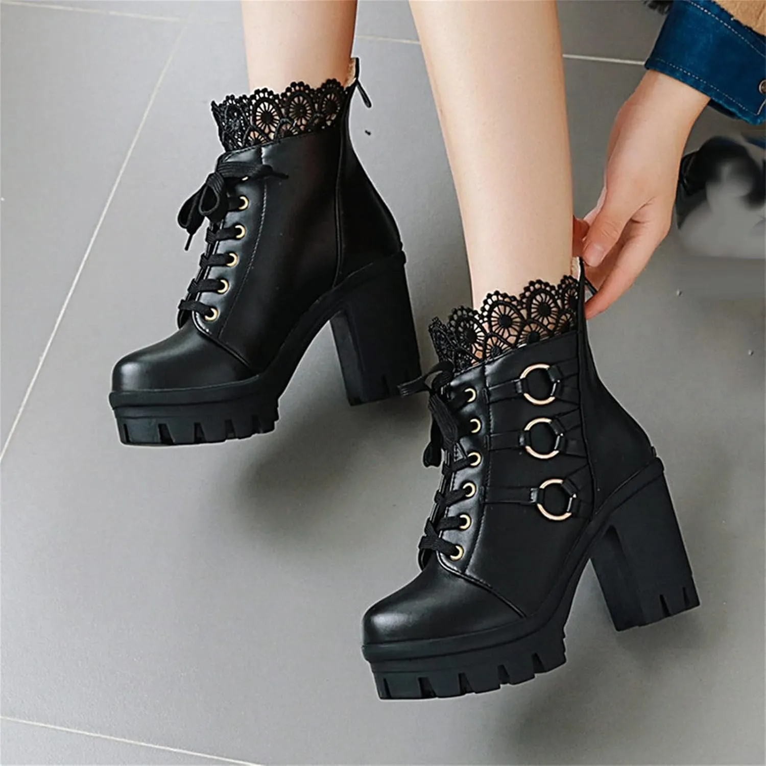 oiangi Chunky Ankle Boots for Women - Fashion Lace Up Round Toe Lace Platform High Heel Short Booties Comfortable Trendy Ladies High-heeled Shoes
