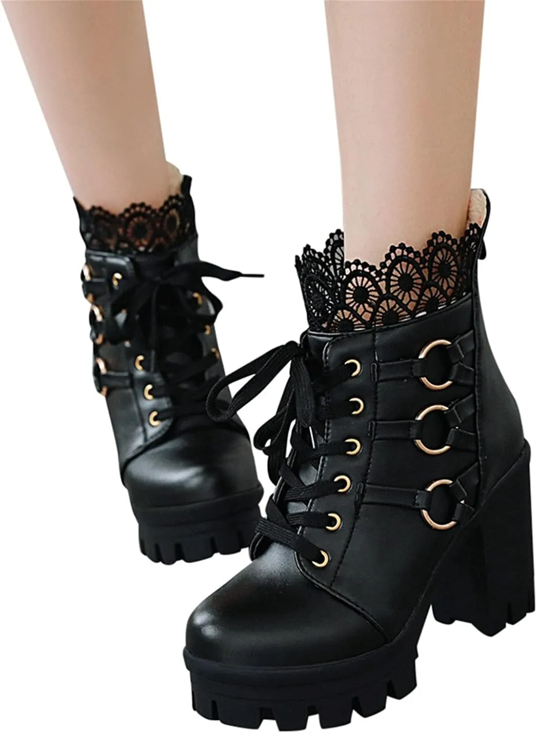 oiangi Chunky Ankle Boots for Women - Fashion Lace Up Round Toe Lace Platform High Heel Short Booties Comfortable Trendy Ladies High-heeled Shoes