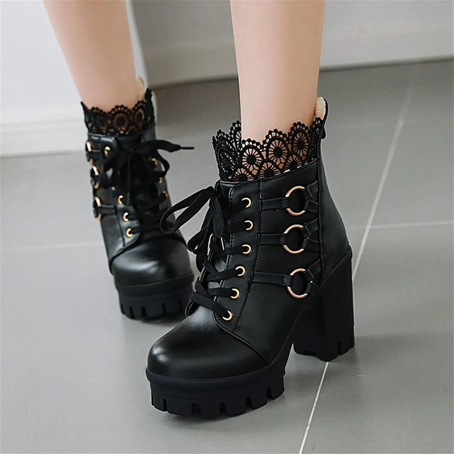 oiangi Chunky Ankle Boots for Women - Fashion Lace Up Round Toe Lace Platform High Heel Short Booties Comfortable Trendy Ladies High-heeled Shoes