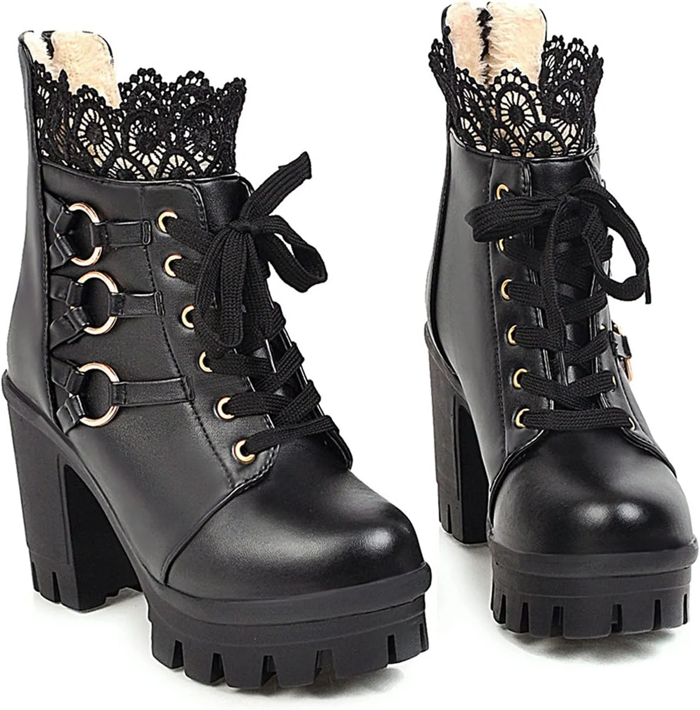 oiangi Chunky Ankle Boots for Women - Fashion Lace Up Round Toe Lace Platform High Heel Short Booties Comfortable Trendy Ladies High-heeled Shoes