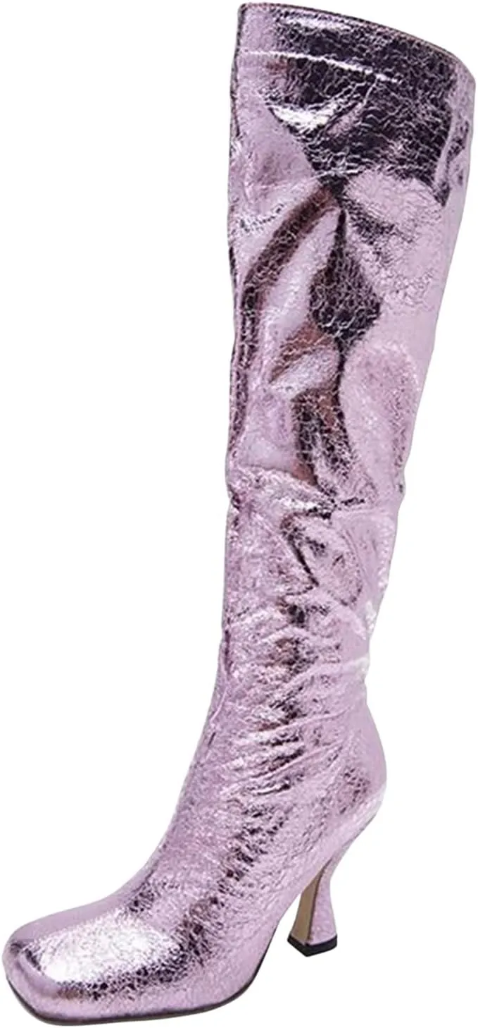 oiangi Womens Sparkly Boots Knee High - Fashion Casual Solid Square Toe Zipper Stilettos High Heel Boots Trendy Comfortable Ladies Shiny Shoes