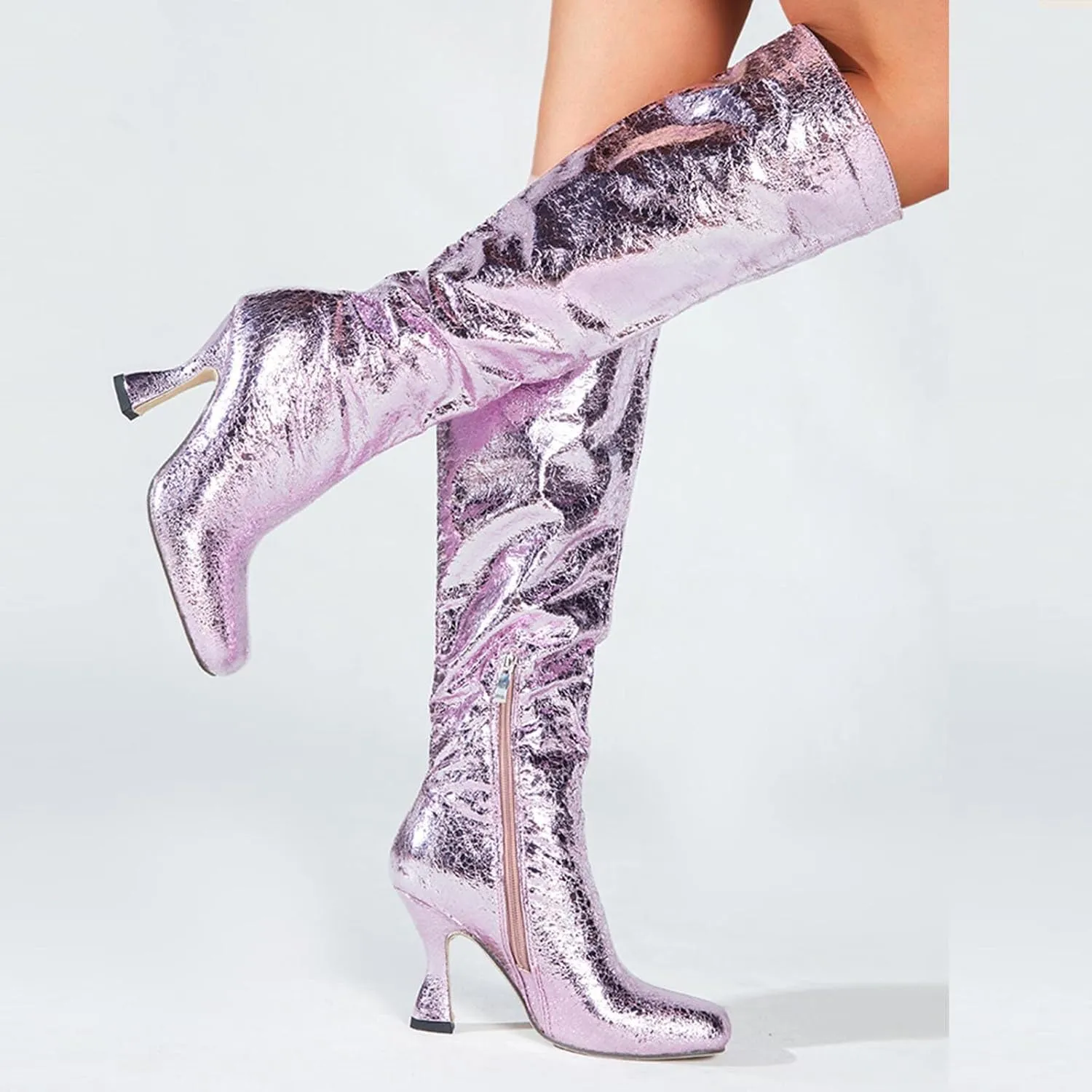 oiangi Womens Sparkly Boots Knee High - Fashion Casual Solid Square Toe Zipper Stilettos High Heel Boots Trendy Comfortable Ladies Shiny Shoes