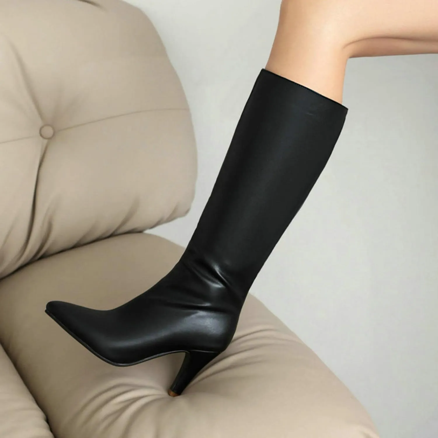 Pointed Toe Knee High Boots for Women Fashion Trendy Kitten Heel Boots Side Zipper Booties for Wedding Party Date Dress